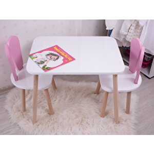 Montessori Çocuk Çalışma Masası Takımı: 1 Beyaz Masa & 2 Pembe Bunny Sandalye