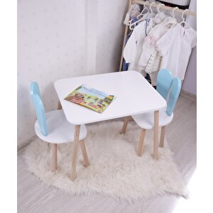 Montessori Çocuk Çalışma Masası Takımı: 1 Beyaz Masa & 2 Bebek Mavisi Bunny Sandalye Turuncu