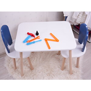 Montessori Çocuk Çalışma Masası Takımı: 1 Beyaz Masa & 2 Mavi Bunny Sandalye Mavi