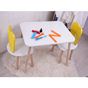 Montessori Çocuk Çalışma Masası Takımı: 1 Beyaz Masa & 2 Sarı Bunny Sandalye Sarı