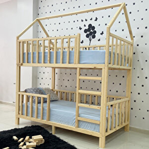 Montessori Yatak Çatılı Doğal Ahşap Ranza Karyola 90x190 cm