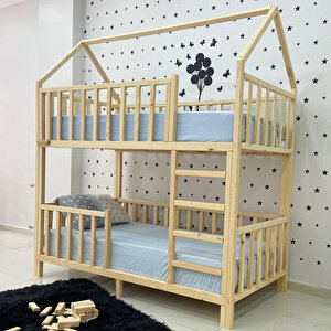 Montessori Yatak Çatılı Doğal Ahşap Ranza Karyola 90x200 cm