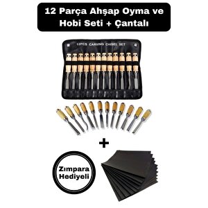 12 Parça Profesyonel Iskarpela Ahşap Saplı Oyma Seti Özel Çantalı Tahta Işleme Zımpara Hediyeli