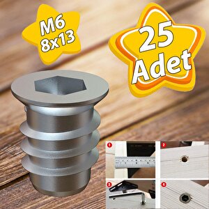 Metal Düz Dişli Dübel Ahşap Dübeli M6 8x13 Diş Çinko Mobilya Bağlantı Ünite Birleştirme (25 Adet)