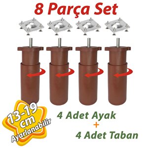 4 Adet Destek Ayağı 13-19 Cm Kahverengi Ve 4 Adet  Metal Düz Ayak Tabanı M8 Civatalı İnce Diş Mobilya Kanepe Baza Koltuk Seti