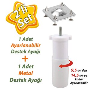 Destek Ayağı 9,5-14,5 Cm Beyaz Ve Metal Düz Ayak Tabanı M8 Civatalı İnce Diş Mobilya Kanepe Baza Koltuk Seti