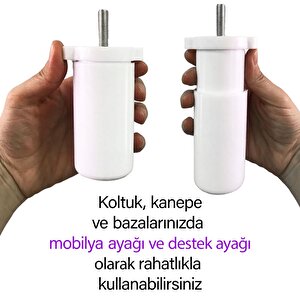 Destek Ayağı 9,5-14,5 Cm Beyaz Ve Metal Düz Ayak Tabanı M8 Civatalı İnce Diş Mobilya Kanepe Baza Koltuk Seti