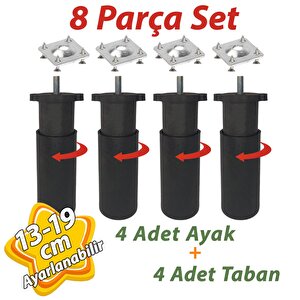 4 Adet Destek Ayağı 13-19 Cm Siyah Ve 4 Adet Metal Düz Ayak Tabanı M8 Civatalı İnce Diş Mobilya Kanepe Baza Koltuk Seti