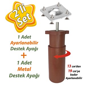 Destek Ayağı 13-19 Cm Kahverengi Ve Metal Düz Ayak Tabanı M8 Civatalı İnce Diş Mobilya Kanepe Baza Koltuk Seti