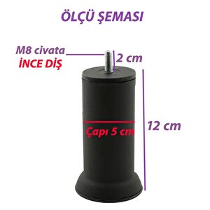 Metal Destek Ayağı 12 Cm Siyah Mobilya Kanepe Baza Koltuk Ünite Ayakları Metrik 8 Civatalı İnce Diş