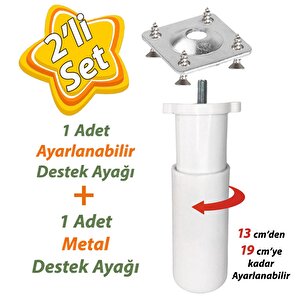 Destek Ayağı 13-19 Cm Beyaz Ve Metal Düz Ayak Tabanı M8 Civatalı İnce Diş Mobilya Kanepe Baza Koltuk Seti