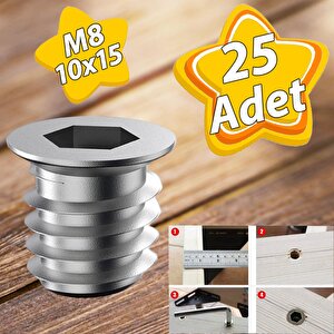 Metal Düz Dişli Dübel Ahşap Dübeli M8 10x15 Diş Çinko Mobilya Bağlantı Ünite Birleştirme (25 Adet)