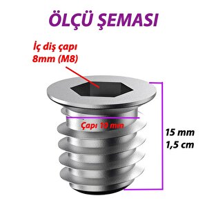 Metal Düz Dişli Dübel Ahşap Dübeli M8 10x15 Diş Çinko Mobilya Bağlantı Ünite Birleştirme (25 Adet)
