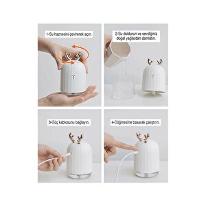 Mini Hava Nemlendirici Aromaterapi Led Işıklı Buhar Makinesi 220ml Geyikli Beyaz