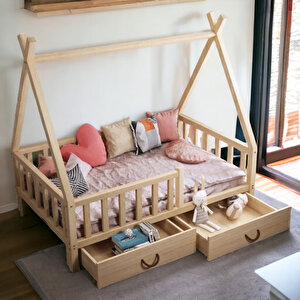 Montessori Yatak Çekmeceli Karyola Ahşap Çocuk Ve Bebek Beşik 90x190 cm