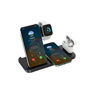 4 In1 Wireless Charger Kablosuz Şarj Istasyonu Standı 15 Watt Android Ve Ios Uyumlu Siyah