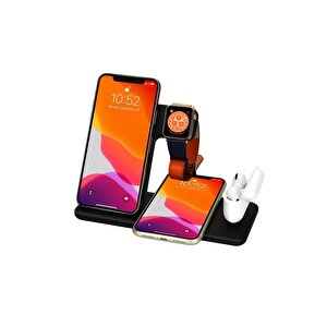 4 In1 Wireless Charger Kablosuz Şarj Istasyonu Standı 15 Watt Android Ve Ios Uyumlu Siyah