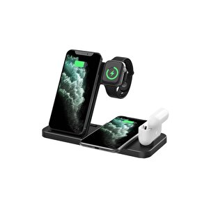 4 In1 Wireless Charger Kablosuz Şarj Istasyonu Standı 15 Watt Android Ve Ios Uyumlu Siyah