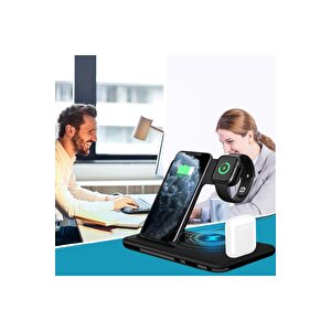 4 In1 Wireless Charger Kablosuz Şarj Istasyonu Standı 15 Watt Android Ve Ios Uyumlu Siyah