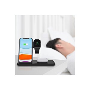 4 In1 Wireless Charger Kablosuz Şarj Istasyonu Standı 15 Watt Android Ve Ios Uyumlu Siyah