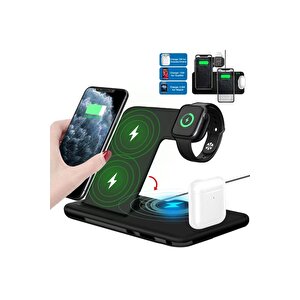 4 In1 Wireless Charger Kablosuz Şarj Istasyonu Standı 15 Watt Android Ve Ios Uyumlu Siyah