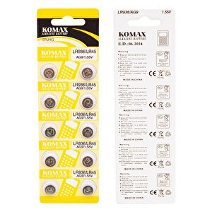 Komax Ag-9 Alkalin Lr936/394a Düğme Pil 10'lu Paket