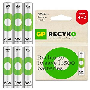 Gp Batteries Recyko 950mah Aaa İnce Kalem 6 Adet Ni-mh Şarjlı Pil 1.2 Volt