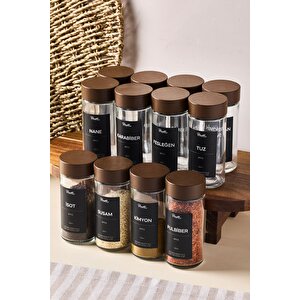 Raul Woody 12'li Minimal Akasya Kapak Baharatlık Seti 120ml-30 Ad. Siyah-beyaz Etiket Hediyeli