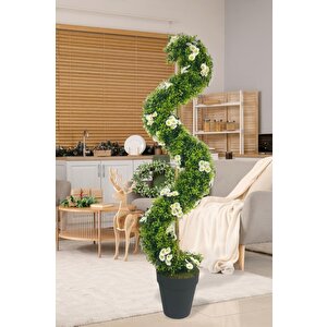 Yapay Ağaç Doğal Papatyalı Spiral Şimşir Ağacı 160cm Bambu Saplı Salon Bitkisi