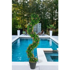 Yapay Ağaç Spiral Pembe Pıtırcıklı Şimşir Ağacı 160cm Bambu Saplı Salon Bitkisi