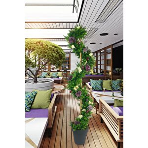 Yapay Ağaç Mor Pastel Şakayıklı Spiral Şimşir Ağacı 160cm Bambu Saplı Salon Bitkisi