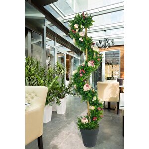 Yapay Ağaç Pembe Marsilya Şakayıklı Spiral Şimşir Ağacı 160cm Bambu Saplı Salon Bitkisi
