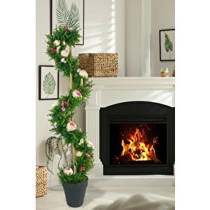 Yapay Ağaç Pembe Marsilya Şakayıklı Spiral Şimşir Ağacı 160cm Bambu Saplı Salon Bitkisi