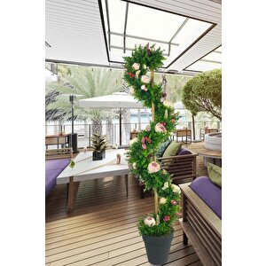 Yapay Ağaç Pembe Marsilya Şakayıklı Spiral Şimşir Ağacı 160cm Bambu Saplı Salon Bitkisi