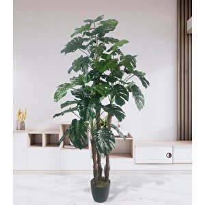 Yapay Çiçek Monstera Yeşil Deve Tabanı 3katlı 135cm 54yaprak Siyah Plastik Saksıda Yapay Bitki
