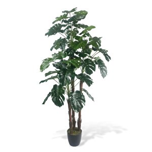 Yapay Çiçek Monstera Yeşil Deve Tabanı 3katlı 135cm 54yaprak Siyah Plastik Saksıda Yapay Bitki