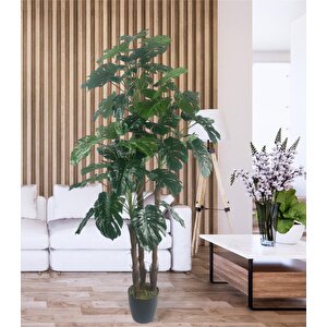 Yapay Çiçek Monstera Yeşil Deve Tabanı 3katlı 135cm 54yaprak Siyah Plastik Saksıda Yapay Bitki