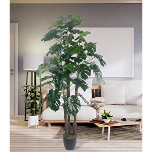 Yapay Çiçek Monstera Yeşil Deve Tabanı 3katlı 135cm 54yaprak Siyah Plastik Saksıda Yapay Bitki