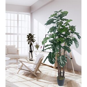 Yapay Çiçek Monstera Yeşil Deve Tabanı 3katlı 135cm 54yaprak Siyah Plastik Saksıda Yapay Bitki
