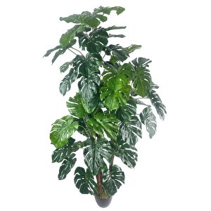 Yapay Çiçek Monstera Yeşil Deve Tabanı 3katlı 135cm 54yaprak Siyah Plastik Saksıda Yapay Bitki