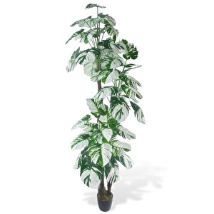 Yapay Çiçek Monstera Yeşil Beyaz Deve Tabanı 3katlı 180cm 54yaprak Siyah Plastik Saksıda Yapay Bitki