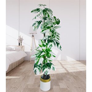 Yapay Çiçek Monstera Yeşil Beyaz Deve Tabanı 3katlı 180cm 54yaprak Altın Kemerli Beyaz Metal Saksı