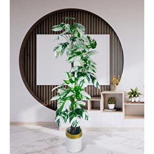 Yapay Çiçek Monstera Yeşil Beyaz Deve Tabanı 3katlı 180cm 54yaprak Altın Kemerli Beyaz Metal Saksı