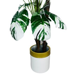 Yapay Çiçek Monstera Yeşil Beyaz Deve Tabanı 3katlı 180cm 54yaprak Altın Kemerli Beyaz Metal Saksı