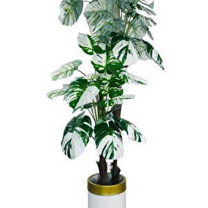 Yapay Çiçek Monstera Yeşil Beyaz Deve Tabanı 3katlı 180cm 54yaprak Altın Kemerli Beyaz Metal Saksı