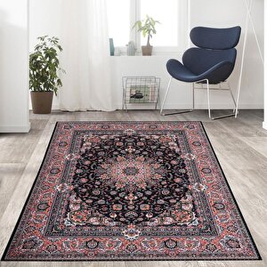 Bambu Halı Salon Halısı Post Pelüş Halı Klasik Desenli Siyah Turuncu Halı 150x230 cm