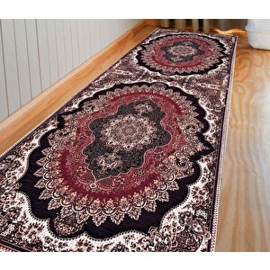 Bambu Halı Salon Halısı Post Pelüş Halı Klasik Desenli Kahve Kırmızı Renklerde Halı 75 x 250 cm