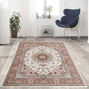 Bambu Halı Salon Halısı Post Pelüş Halı Klasik Desenli Krem Halı 100x150 cm