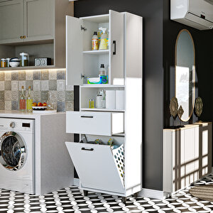 Roomart Çamaşır Sepetli Banyo Dolabı, Çok Amaçlı Çekmeceli Dolap 60 X 200 Cm