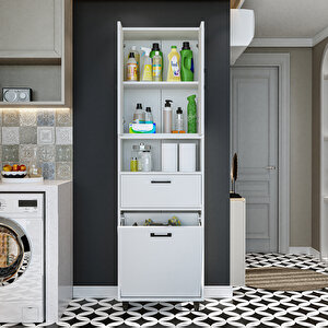 Roomart Çamaşır Sepetli Banyo Dolabı, Çok Amaçlı Çekmeceli Dolap 60 X 200 Cm